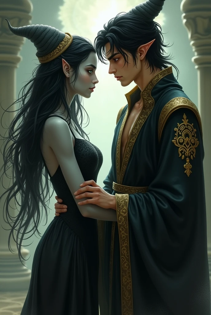 a black long-haired,gray-skinned,green-eyed,black drees,Jinn girl.
He is a handsome guy with black hair,brown skin,yellow eyes,beardless,and black gold long necked robe and turban.