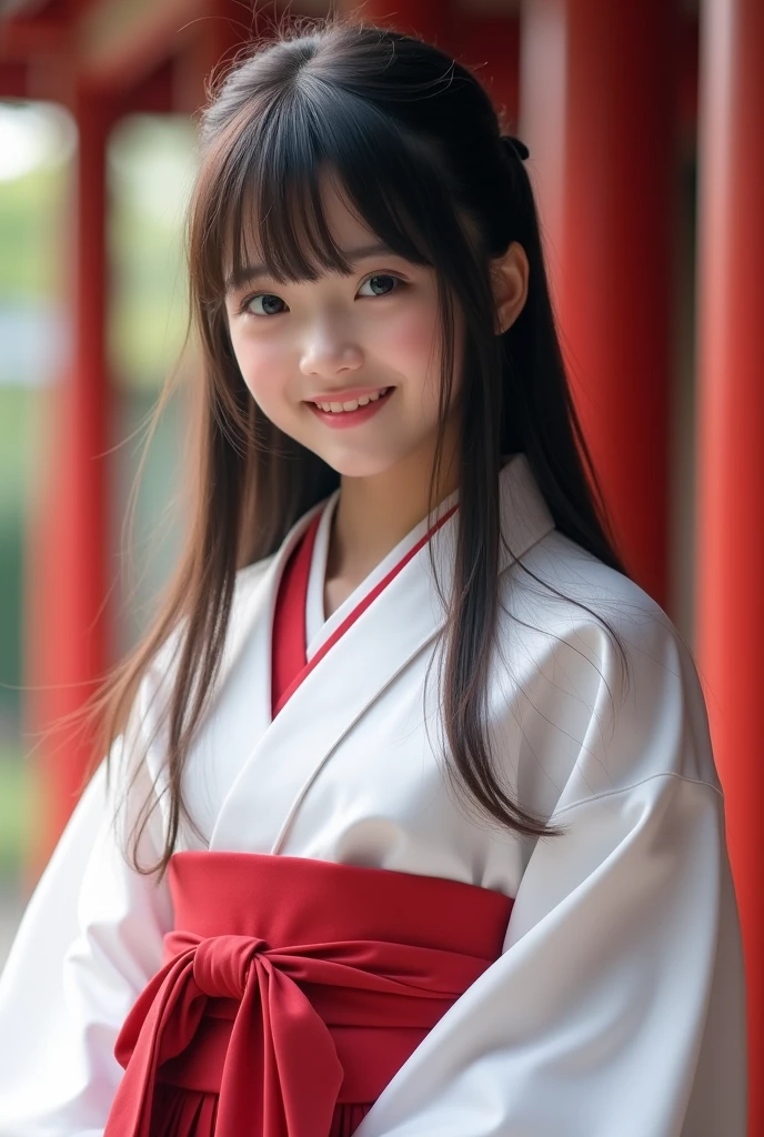 Realな写真、、Japanese high school girl、cute、((((Highest quality、Tabletop、8k、Highest quality)、(Beautiful Japanese Perfect Shrine Maiden:1.1)、(The perfect and most natural white robe of a shrine maiden:1.3)、(The perfect and most natural shrine maiden&#39;s red hakama:1.3)、(Gracefully styled hair:1.1)、(Face close-up:1.1)、look at me、最高のsmile、The background is a magnificent and luxurious shrine.。、The majestic and luxurious exterior resembles a real shrine.、A gorgeous and authentic shrine using Niwa lacquerware))、Straight Hair、bangs、Detailed face and body、Natural lighting、High resolution、Photorealistic、(Highest quality、8k、High resolution、masterpiece:1.2)、Super detailed、(Real、Photorealistic、Photorealistic:1.37)、Realな肌の質感、Detailed eyes and lips、Beautifully detailed face、Long eyelashes、Smooth Skin、Slim figure、cute、smile、Young、、、