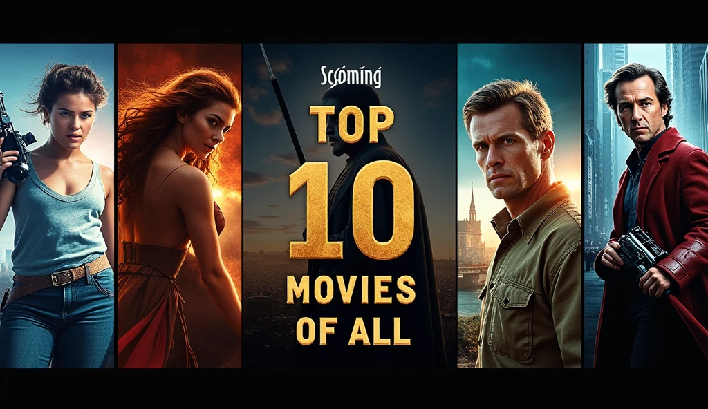 Create a YouTube video thumbnail on Top 10 Highest grossing Movies of all time. The picture should be images of 4-6 movies and the text should be Top 10 Movies of All Time, text should be bold