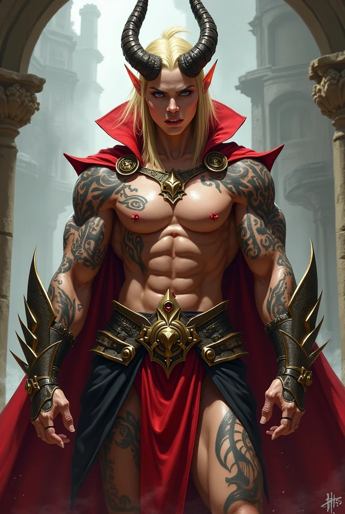 An extremely muscular blonde elf with long ears, a warrior with huge muscles, She wears an imperial uniform showing her white muscles, your corneas eyes are of dragon, undercut haircut on the shaved part of the hair with a dragon design, She has horns that come out from behind her skull and go forward like a crown., has clenched teeth, She wears a giant red cape with a high collar and is very flashy., His muscular arms show prominent veins, highlighting his physical strength., Maori tattoos up to the forearm, has claws instead of nails, is letting out an open-mouthed laugh in a villainous stance. 2D Art Drawing. Size 1920x1080 