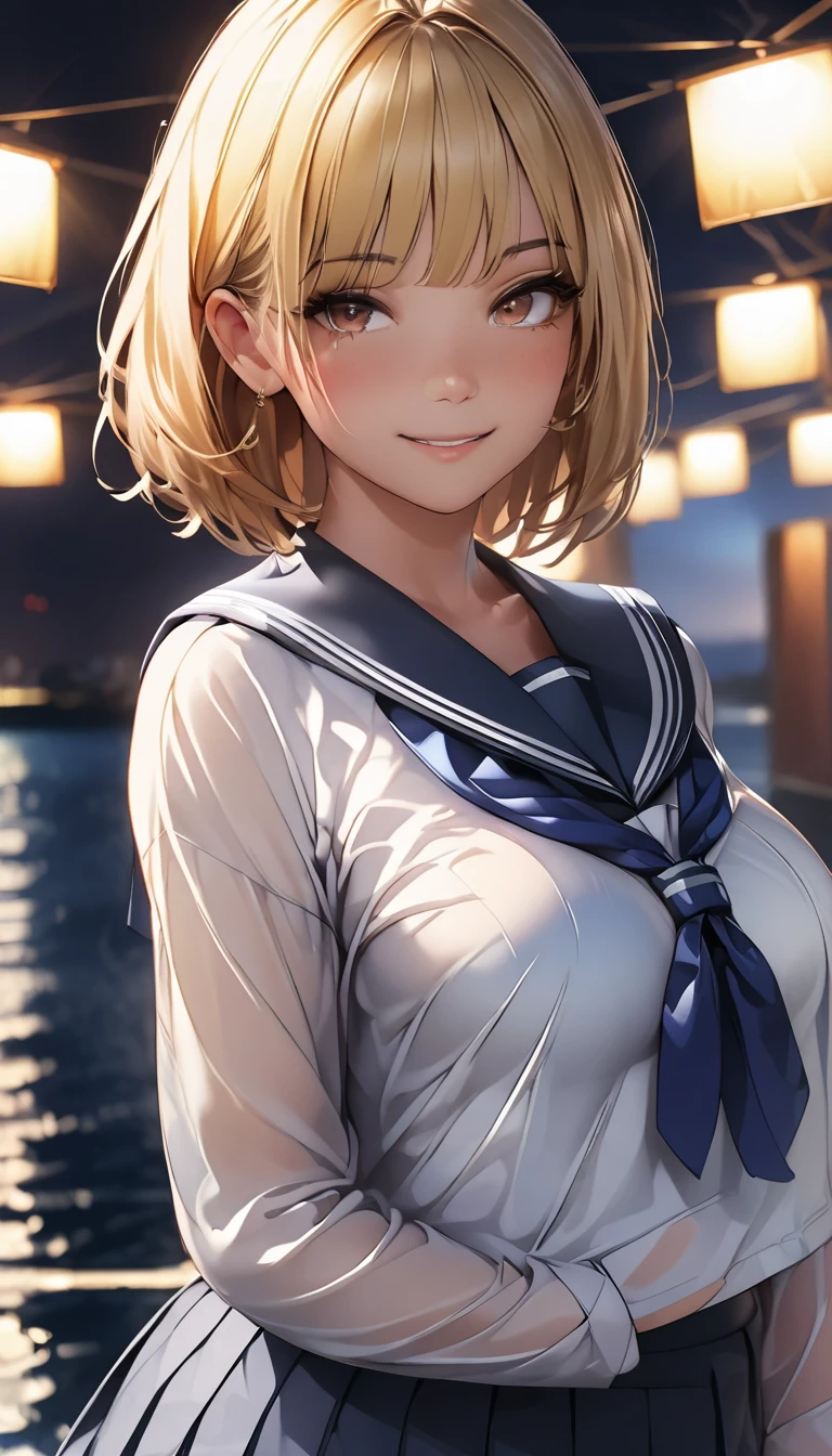 (masterpiece:1.2, Highest quality), (Realistic, photoRealistic:1.4), Beautiful illustrations, (Natural Side Lighting, Cinema Lighting), View your viewers, Cowboy Shot, Front view:0.6, 1 person, Japanese, Junior high school girl, , Perfect Face, cute and symmetrical face, Glowing Skin, (short hair, Bobcut, Blonde), Blunt bangs, Dark brown eyes, Long eyelashes, (Large Breasts:0.5), Beautiful Hair, Beautiful Face, Beautiful attention to detail, Beautiful clavicle, Beautiful body, Beautiful breasts, Beautiful thighs, Beautiful feet, Beautiful fingers, ((Detailed cloth texture, long sleeves navy cute sailor suit, Navy Pleated Skirt, Navy sailor collar, Green sailor scarf)), (Beautiful views), evening, River side, Are standing, (cute, Cute smile, Upward glance, Open your mouth),
