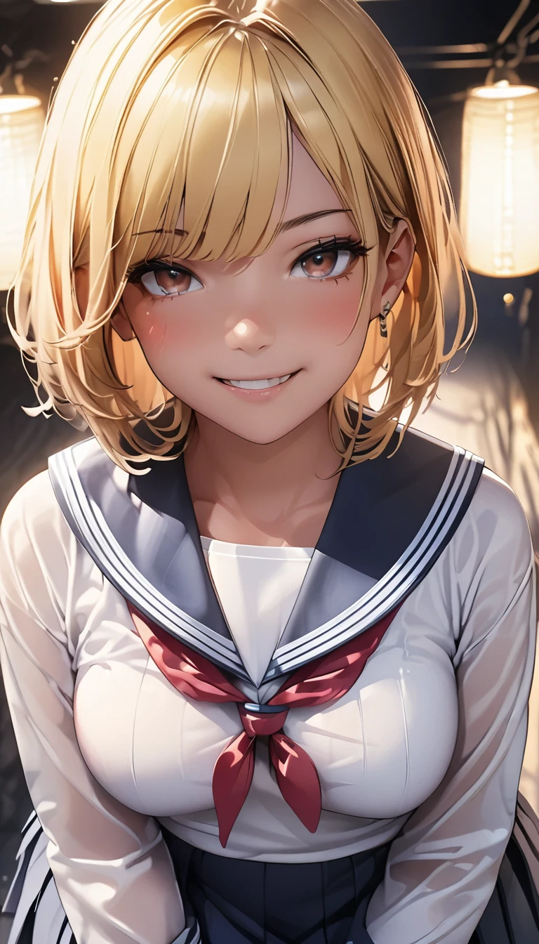 (masterpiece:1.2, Highest quality), (Realistic, photoRealistic:1.4), Beautiful illustrations, (Natural Side Lighting, Cinema Lighting), View your viewers, Cowboy Shot, Front view:0.6, 1 person, Japanese, Junior high school girl, , Perfect Face, cute and symmetrical face, Glowing Skin, (short hair, Bobcut, Blonde), Blunt bangs, Dark brown eyes, Long eyelashes, (Large Breasts:0.5), Beautiful Hair, Beautiful Face, Beautiful attention to detail, Beautiful clavicle, Beautiful body, Beautiful breasts, Beautiful thighs, Beautiful feet, Beautiful fingers, ((Detailed cloth texture, long sleeves navy cute sailor suit, Navy Pleated Skirt, Navy sailor collar, Green sailor scarf)), (Beautiful views), evening, River side, Are standing, (cute, Cute smile, Upward glance, Open your mouth),