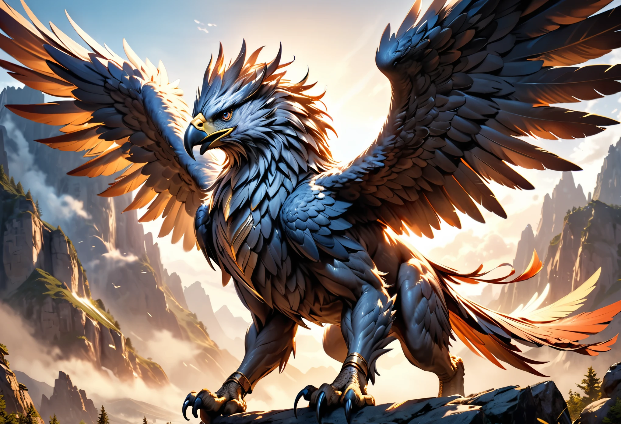 intricate detailed fantasy griffin,flying griffin,magnificent winged griffin,magical mystical griffin,realistic photorealistic griffin,dynamic action pose griffin,(best quality,4k,8k,highres,masterpiece:1.2),ultra-detailed,(realistic,photorealistic,photo-realistic:1.37),dramatic lighting,vibrant colors,cinematic composition