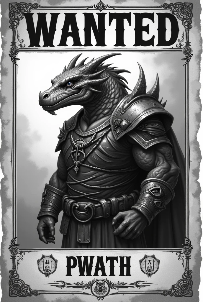 Create the image (a black and white wanted letter) of a dwarf dragon, his clothes are those of a dwarf , FantasyStyle 