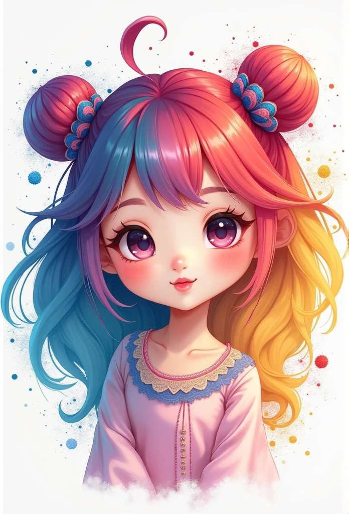 (Masterpiece artwork, best qualityer, high resolution), white background, ((paint splash, splash of color, paint splash, splash of color)), Chinese sweet, rainbow hair, pink lips, 正面