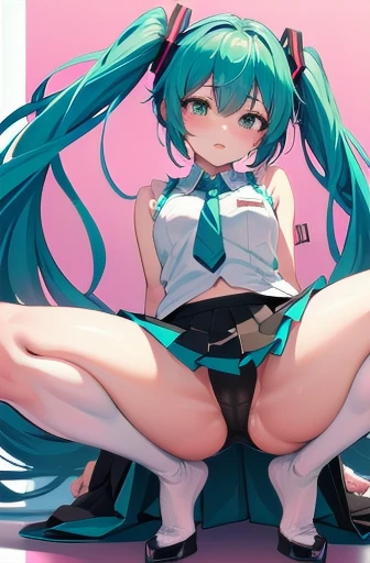One girl,HATSUNEMIKU,full body,open legs1.5,masturbation,fingering her panty,embarassed,panty shot(Pants are visible through the gap in the skirt)