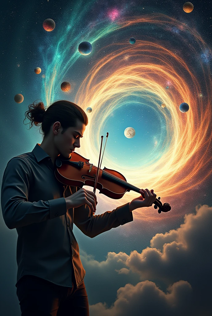 (photorealism:1.2), Man playing violin but the musical notes that come out when playing it open a perfect universe with colorful planets, stars and more