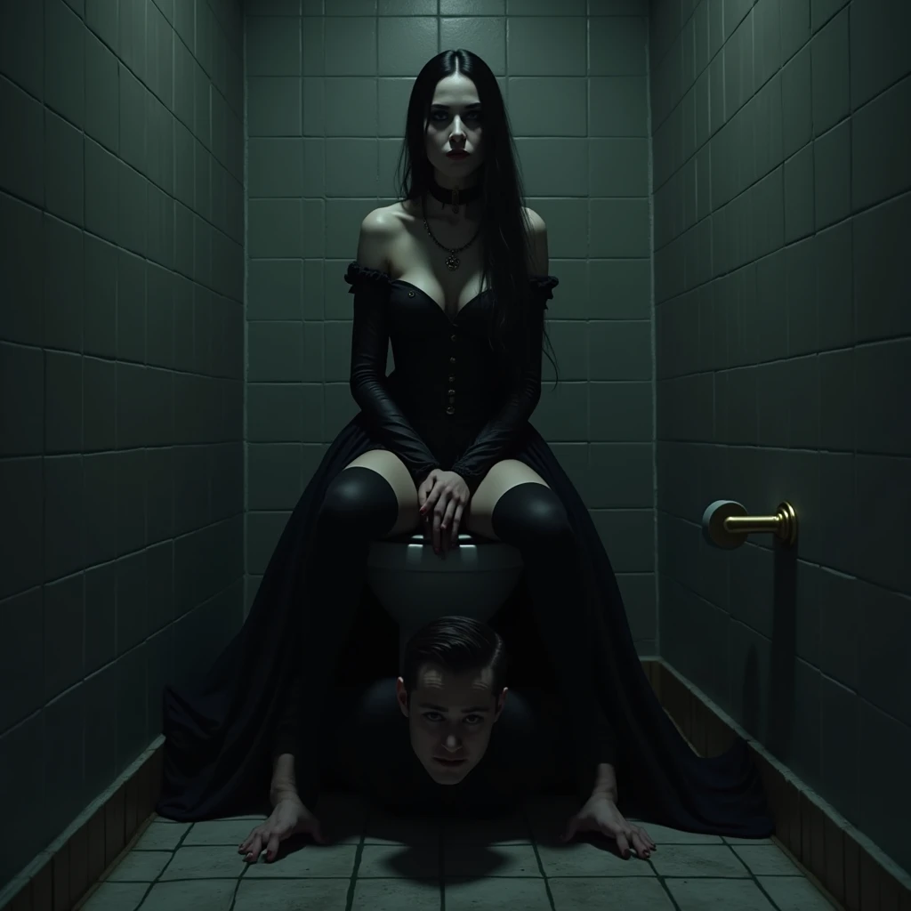 A gothic girl wearing thigh highs sitting on toilet seat in a bathroom rests her feet on top of a man kneeling crawling on the ground in front of her, hyperrealism,