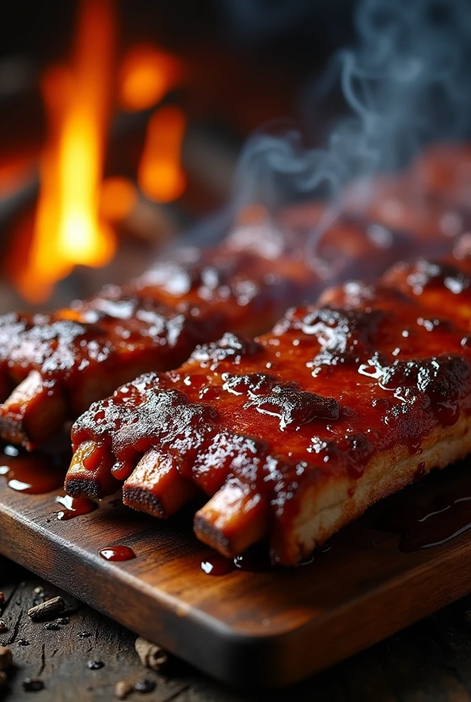 A smoking a savory plate of Smoking BBQ slab of ribs, with sauce dripping