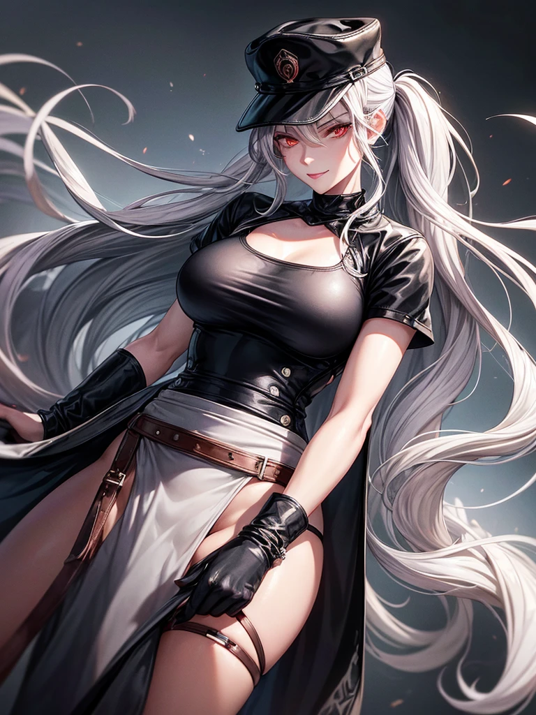 eyes have 2 colors yellow and red eyes, grey hair with long. sadistic women, long hair. strong woman.  she quiet. dominant woman. mafia. mature woman. girl boss. wear pans and t shirt. background in town. she a spy. sadistic smile. ponytail. wear hat
