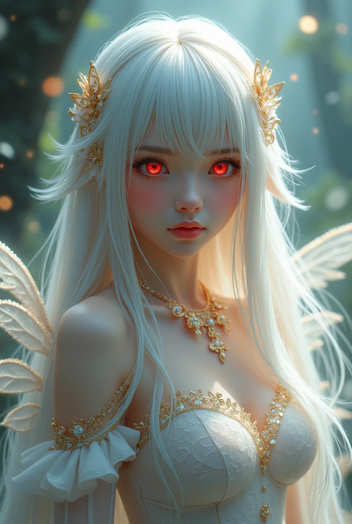 Beautiful girl. Long, straight, pure white hair, can have a soft light reflection. Eyes: Bright red, seems to shine with mystery and charm. Face: Beautiful, elegant, seems gentle and charming. Costume: Fairy style, can be light, airy costume, or classic design with sparkling details. Background: Dreamy, can be mythical or natural background, to highlight the character's sophistication.