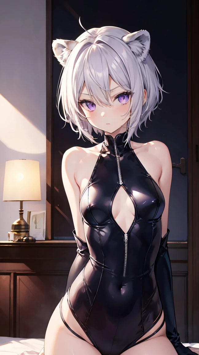 ,Highest quality,Silver Hair,Lion tail,Lion ears,Purple Eyes,Very short hair,Straight Hair,Flat breasts,Slanted Eyes,Bodysuits,Bedroom,On the bed,slender,