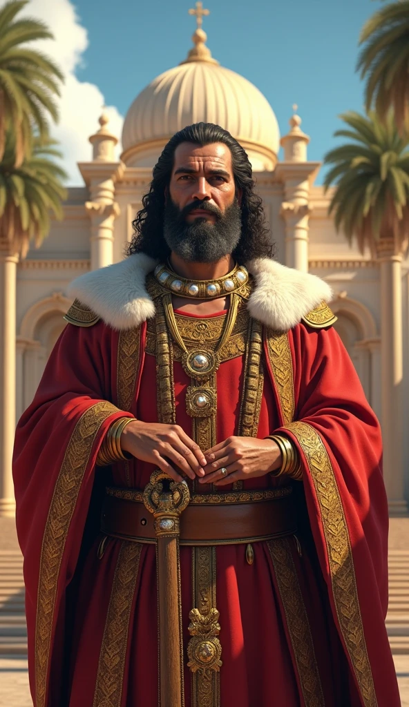 "Create a realistic image of King Solomon, inspired by biblical descriptions. He should be portrayed as a mature man, with a wise and serene expression. Solomon is dressed in rich and elaborate clothing, adorned with gold and precious stones. Ao fundo, include the magnificent Solomon&#39;s Palace, with imposing columns and sophisticated architectural details. Add Middle Eastern elements, like palm trees and a clear blue sky. The environment should convey a sense of opulence and wisdom, reflecting the greatness of Solomon&#39;s reign mentioned in the Bible."