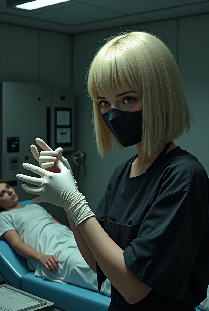 A blonde girl with bangs, wearing a black surgical mask and a black apron, is in the process of putting on some white latex gloves. The scene is realistic, showing how to stretch the first glove precisely over his hand, while his face reflects a mixture of concentration and satisfaction. The setting is a poorly lit, sterile operating room., with metal surfaces and medical equipment, creating a tense atmosphere. In the background, A victim tied to a table watches