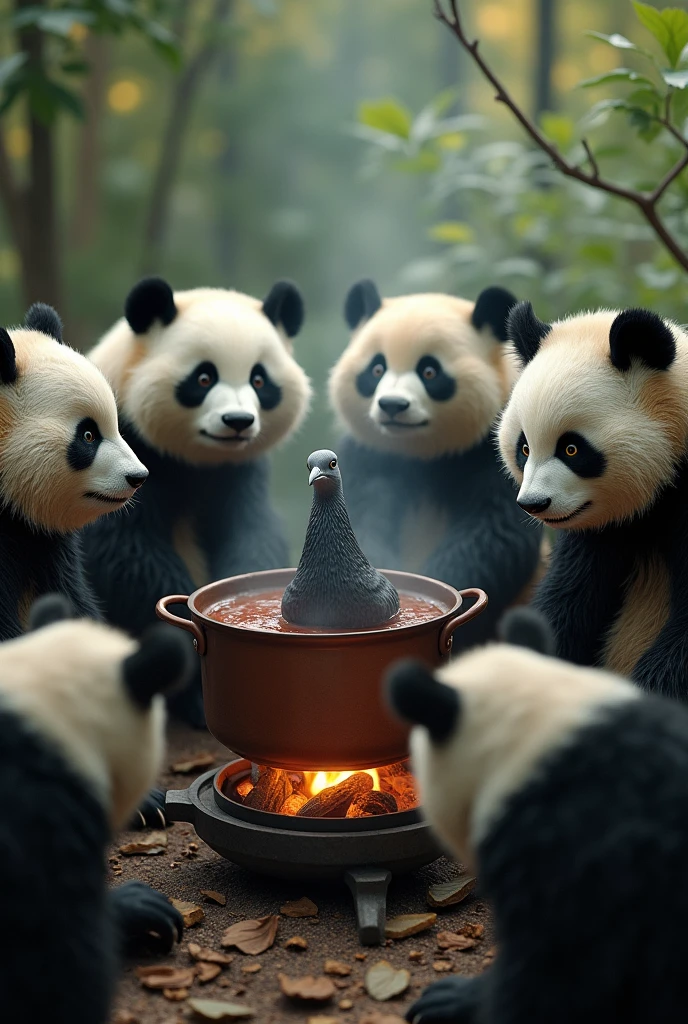 (masterpiece, best quality, ultra detailed, photorealistic, hyperrealistic photo:1.2), ((Panda has angry expression)), A group of pandas gather around to watch a grey pigeon being cooked in a large stockpot on the stove., forest, (A grey pigeon&#39;s head emerges from a large stockpot), 
