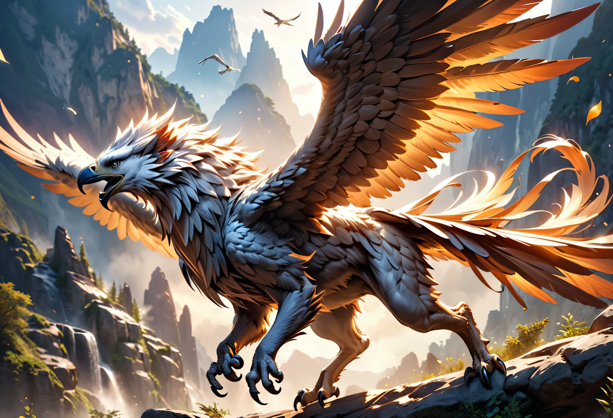 intricate detailed fantasy griffin,flying griffin,magnificent winged griffin,magical mystical griffin,realistic photorealistic griffin,dynamic action pose griffin,(best quality,4k,8k,highres,masterpiece:1.2),ultra-detailed,(realistic,photorealistic,photo-realistic:1.37),dramatic lighting,vibrant colors,cinematic composition