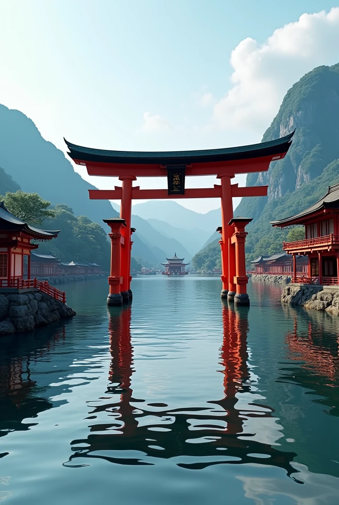 A view of Itsukushima Shrine in Hiroshima Prefecture with the torii gate visible in the distance
