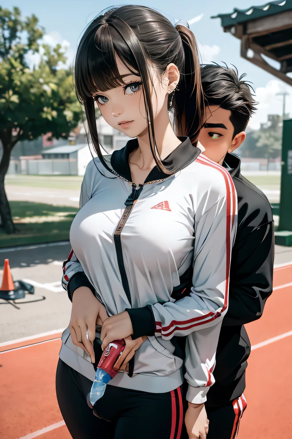 zPDXL,
realistic,depth of field,japanese female teacher brown hair low ponytail,1girl,solo,brown hair,parted bangs,mature,black eyes,white t-shirt and red front zipper long sleeves jogging suits,earrings,(lower abdomen:1.1),mole under eye,school building background,title,outdoors,tree,sagging breasts,breasts apart,plump,medium breasts,(messy fat hairy old male teacher:1.1),hug from behind,blush and surprise,(sudden forced hug),grabbing another's breast,yankee school,dark cloud,DQN school,rape face,caption,clipboard,whistle around neck,delinquent boys,track and field,stopwatch around neck,fingering through clothes,tent and turf,bench,cooler box,water bottles,saliva,water drop,holding water bottle,(male pants:1.1),(erection under clothes:1.2),cameltoe,