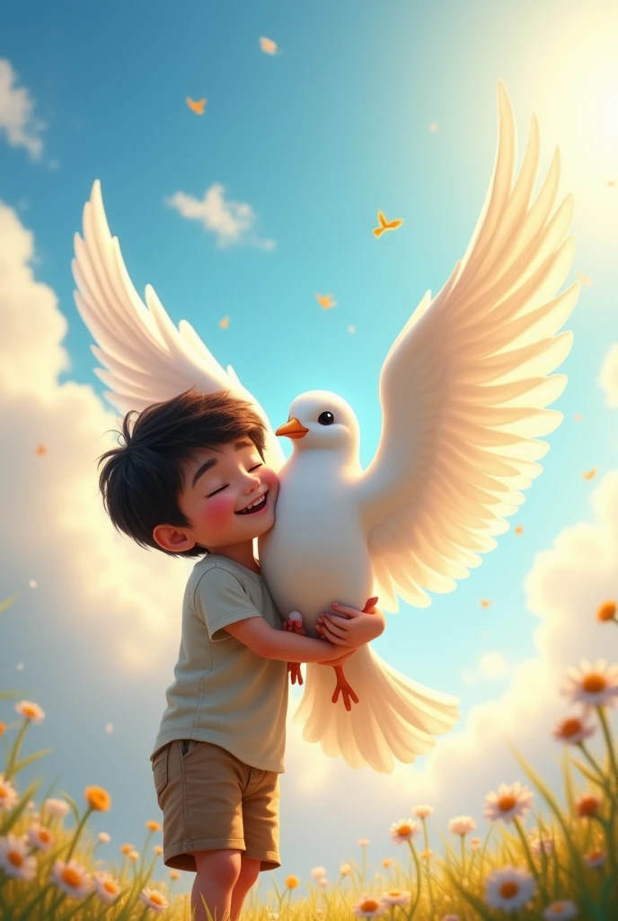 Child hugging a divine white dove playing the child&#39;s heart connected to the dove vibrant colors happy, made as if it were a Disney Pixar movie poster, very playful and the sky with sun rays is very beautiful 