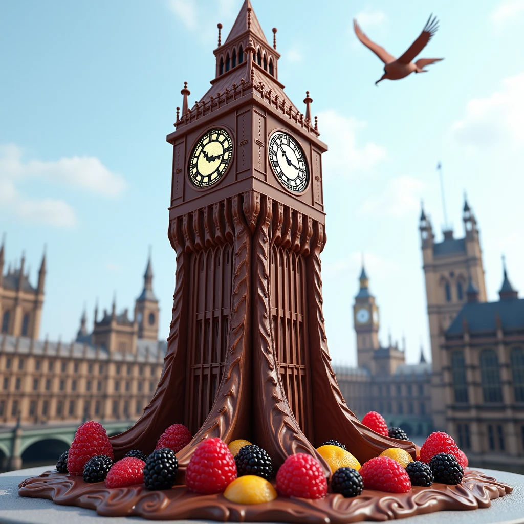 imagine big ben in london as a giant dessert with chocolate. There are chocolates flowing over it and fruit decorations.