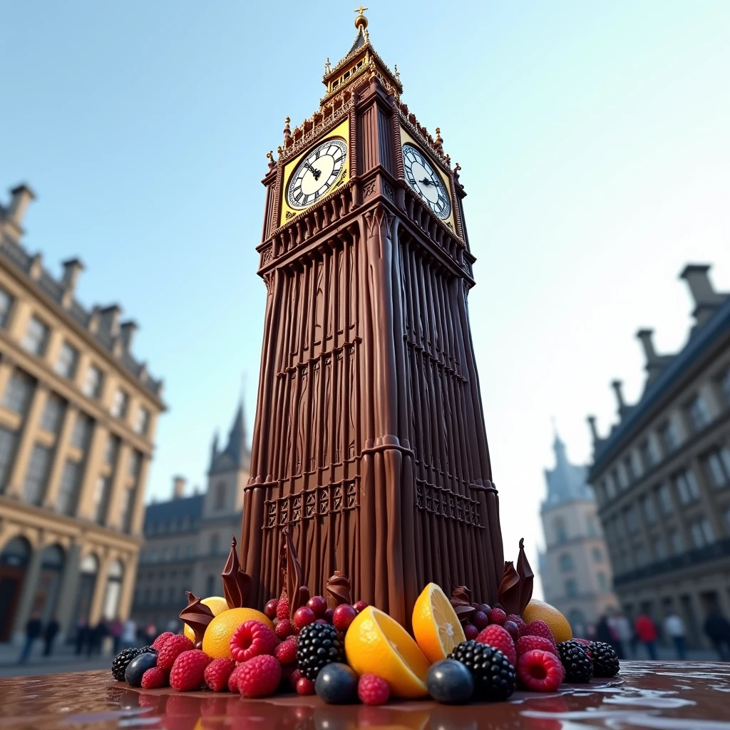 imagine big ben in london as a giant dessert with chocolate. There are chocolates flowing over it and fruit decorations.