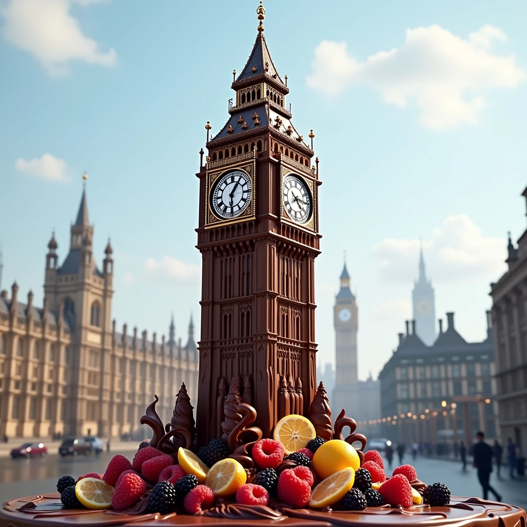 imagine big ben in london as a giant dessert with chocolate. There are chocolates flowing over it and fruit decorations.