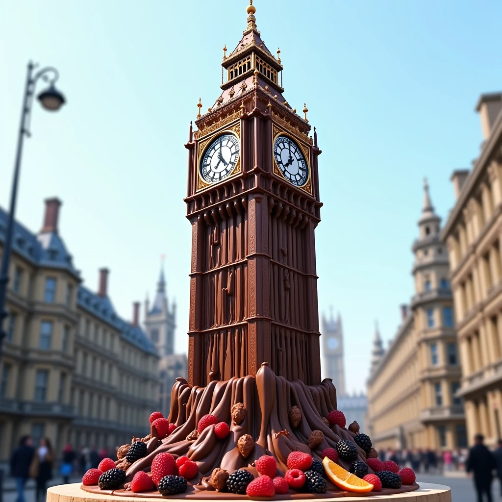 imagine big ben in london as a giant dessert with chocolate. There are chocolates flowing over it and fruit decorations.