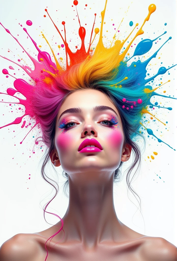 (Masterpiece artwork, best qualityer, high resolution), white background, ((paint splash, splash of color, paint splash, splash of color)), American sweet, rainbow hair, pink lips, 正面