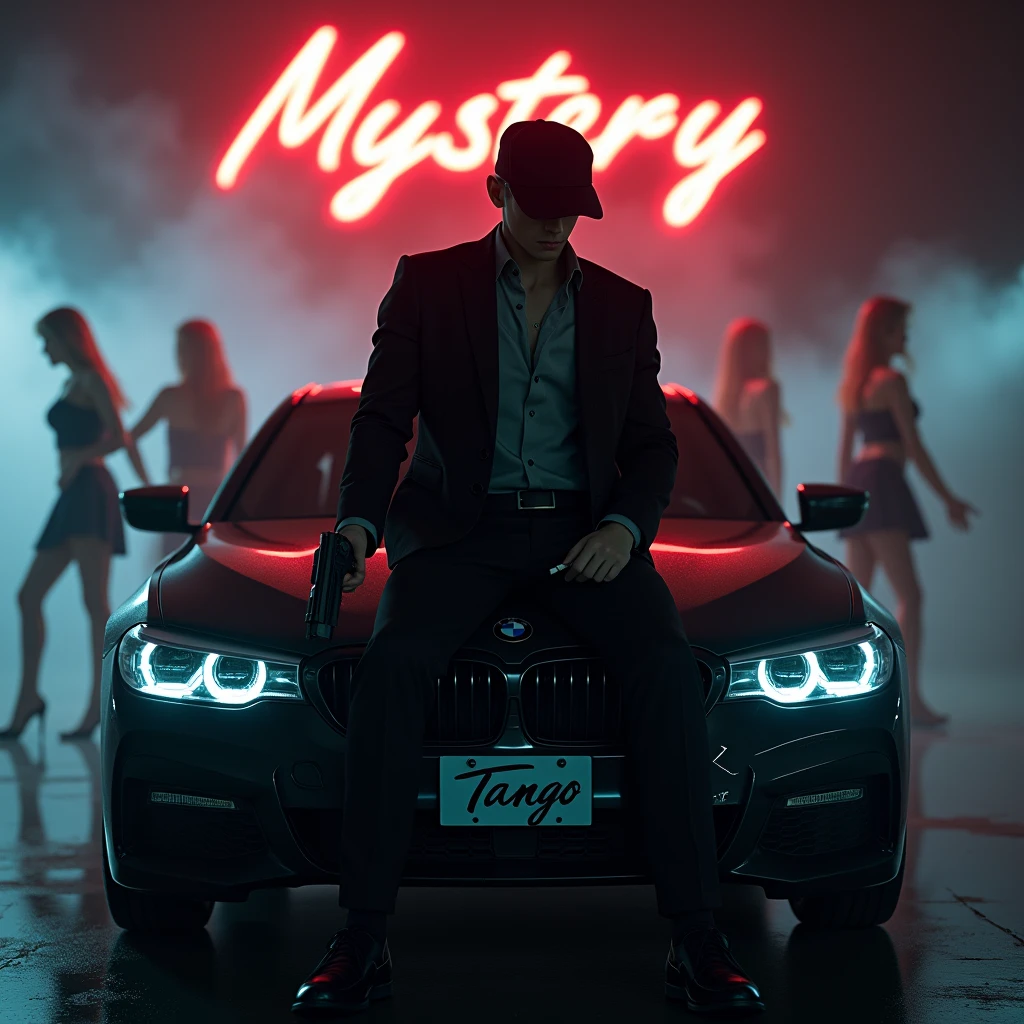 Create a realistic image where a 20 years old boy wearing black luxury suit and wearing a cap and hiding his face with cap and sitting on BMW car with number plate of tango, he's holding a gun in his hand, there is smoke in background and girls are dancing. In background the name "mystery" is showing in bold and neon effects just above the head of the character as per his name. He's smoking with his another hand and having gun in one hand