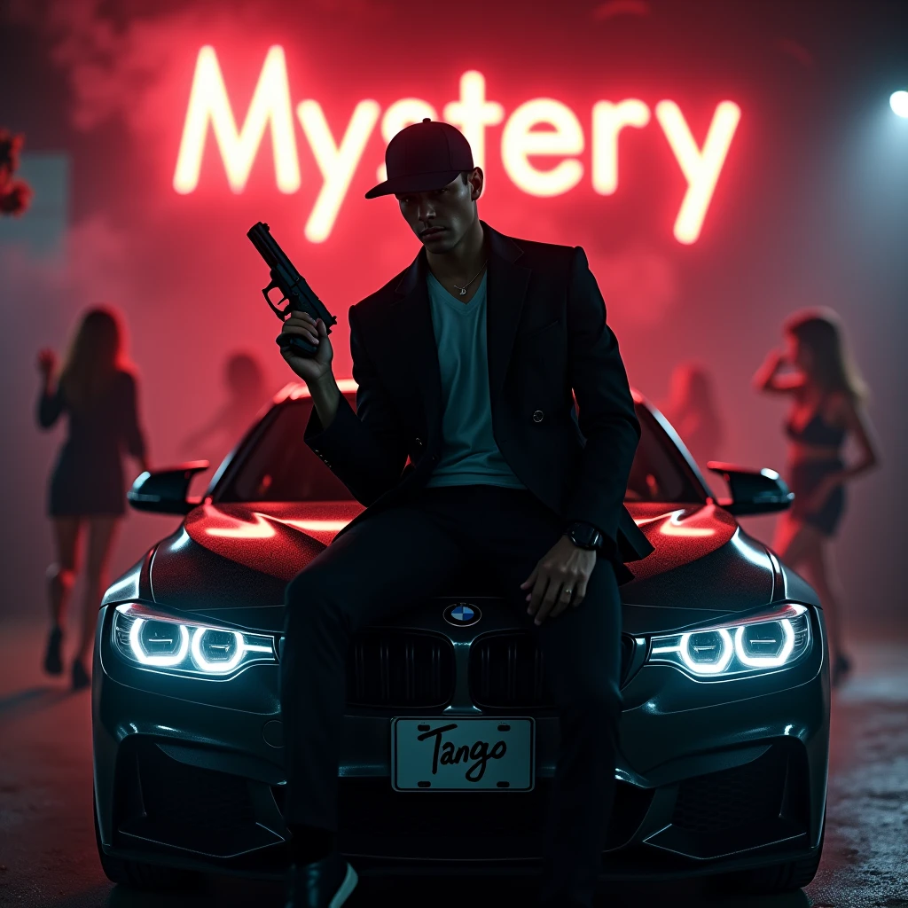 Create a realistic image where a 20 years old boy wearing black luxury suit and wearing a cap and hiding his face with cap and sitting on BMW car with number plate of tango, he's holding a gun in his hand, there is smoke in background and girls are dancing. In background the name "mystery" is showing in bold and neon effects just above the head of the character as per his name. He's smoking with his another hand and having gun in one hand