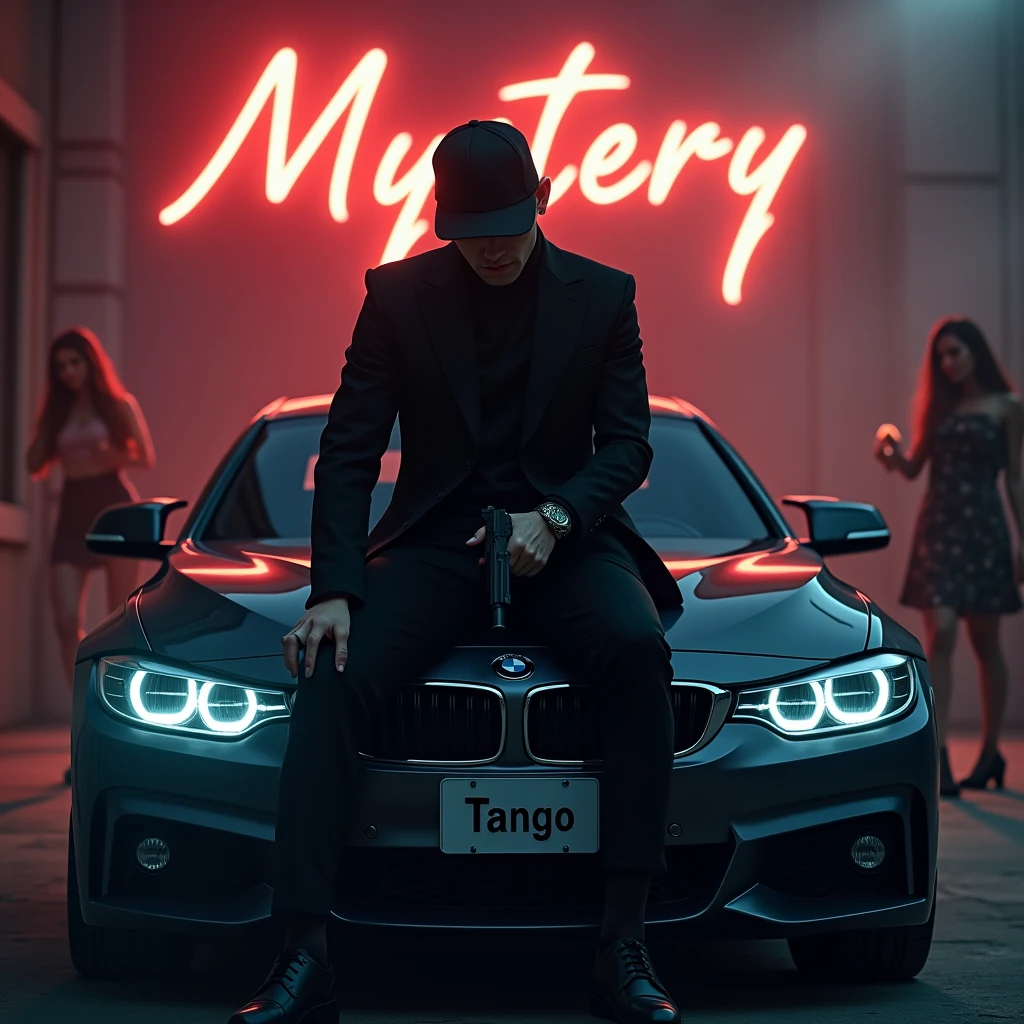 Create a realistic image where a 20 years old boy wearing black luxury suit and wearing a cap and hiding his face with cap and sitting on BMW car with number plate of tango, he's holding a gun in his hand, there is smoke in background and girls are dancing. In background the name "mystery" is showing in bold and neon effects just above the head of the character as per his name. He's smoking with his another hand and having gun in one hand