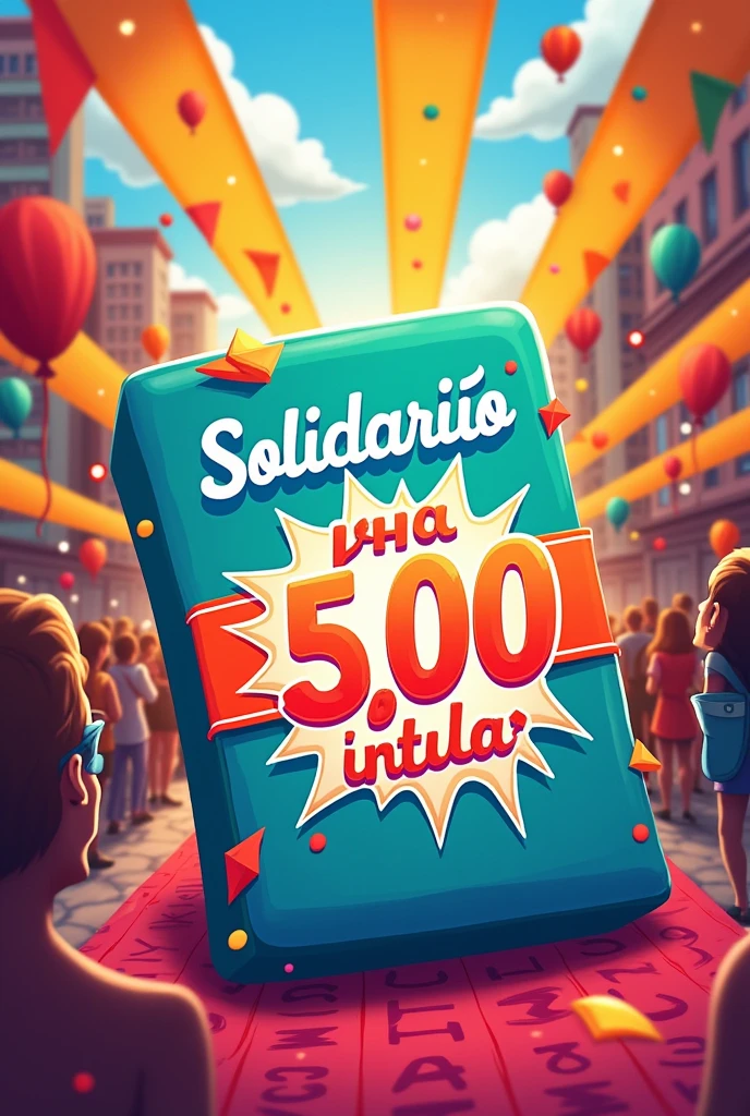 Hello, could you make an image of a raffle, the prize is 5.000 not worth 20,00 and solidarity could do something very eye-catching, without a person with a deed written in Portuguese and saying that it is a solidarity raffle written in good Portuguese