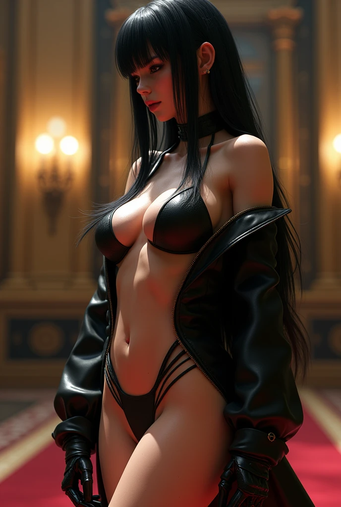 ((perfect anatomy:1.2,realistic:1.3,RAW Photography:1.3,masterpiece、highest quality、Ultra - High resolution、High resolution、Highly detailed CG、8K)), image of Bayonetta, full body, long straight hair, black hair, The outfit should be alluring, unzipped:1.2, ((costume is unzipped )), narrow waist, wide hips ,very thin slender body, thigh gap, sweaty, huge breasts, round breasts, heavy breasts, palace background, show side view of her body, shoulders and armpits visible,