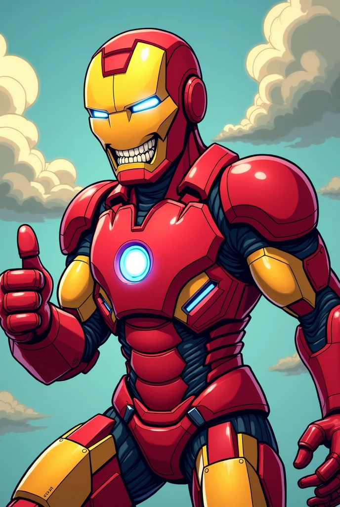 stylized iron man character, comics, very detailled, 8k,The teeth are visible、ssmile、Looks like they're having fun、thumbs up pose、Close your eyes and laugh