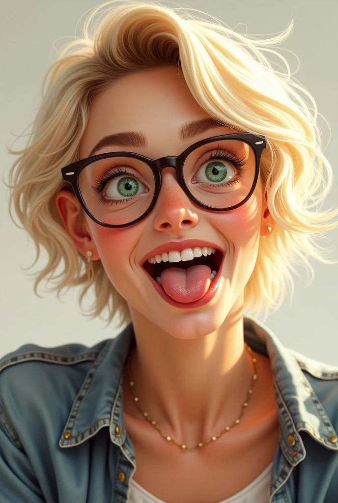 Jeune fille réaliste, yeux verts, occidentale, blonde , bronzé, coupe cheveux courts avec des lunettes de vue , souriante qui tire la langue et fait le poirier