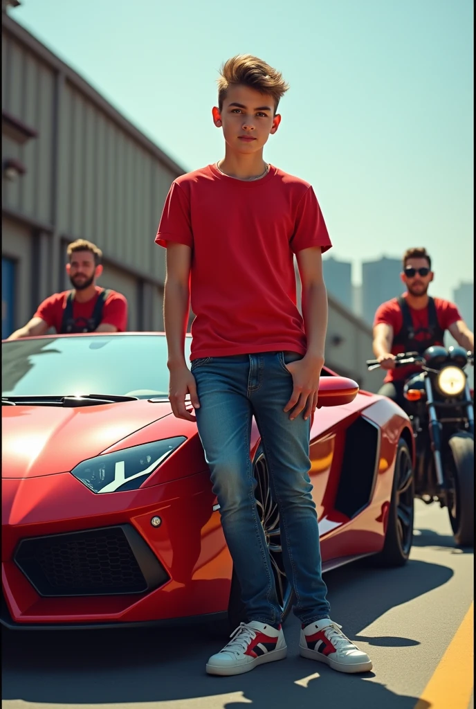 A boy with lambogini in korean with a boy with red t shirt with bone shirt a with friends. Friends in motorcycle