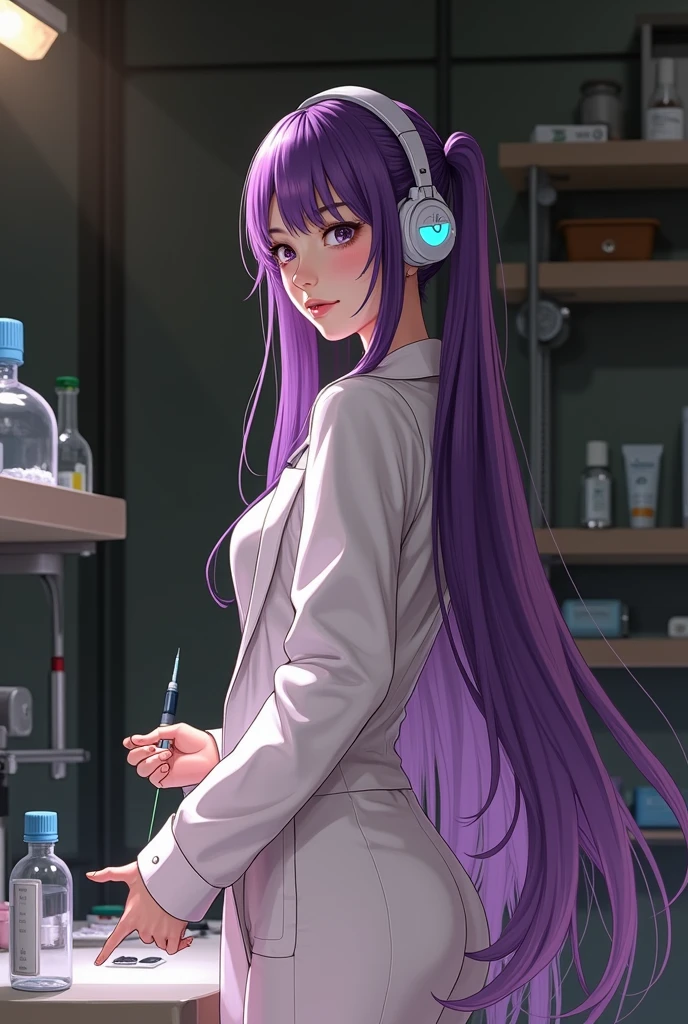Korean purple hair butterfly woman with headphone scientist outfit with syringe full body perfect body and perfect face of pigtails long hair realistic photo in laboratory 