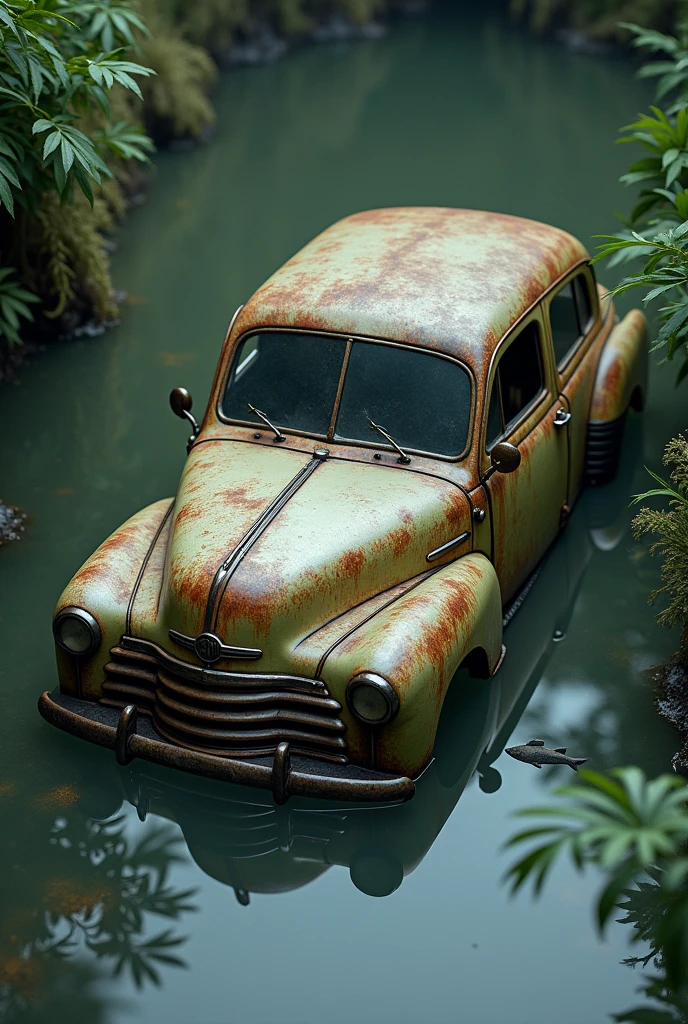 A old car drawn into water vertically