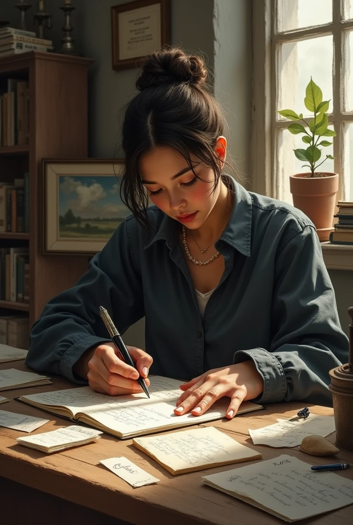 Create an image of a person communicating by writing. Show them using traditional tools like a pen and paper, possibly surrounded by handwritten notes or letters. Emphasize the tactile and personal nature of writing."