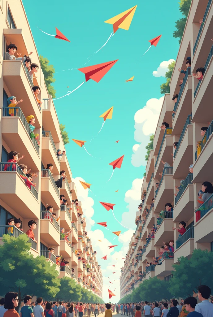 Draw how everyone in the entire long residential building looks out the window and throws a paper airplane