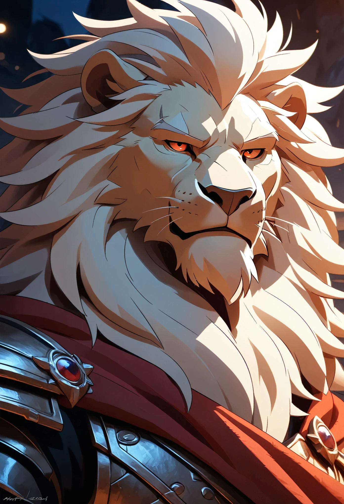 ultra detailed face, high details, old white anthro lion, named Vincent Frederick, ((white lion)) 4k,8k,high resolution, best quality, posted on e621, solo, anthro body, male, adult, masculine, correct anatomy, (detailsbackground, out-of-focus background:1.2), (by takemoto arashi:1.0), (by wfa:1), (by Taran Fiddler:0.5),(by Bontiage), a commander, (cel shaded, cartoony shading:1.2), moody expression, serious expression, grumpy expression, detailed face, good eyes, anime eyes, normal eyes, normal hands, black lineart, black outline, flat coloring, (strong shadows, dark shadows:1.2), at battle field, cloudy night, superior mane, a scar on left eye, center, a sheated sword on his side, wearing royalty armour, red cape, first person perspective, superior mane, a scar on left eye, first person perspective, detailed portrait, correct anatomy, best quality, 4k, 8k, highres, masterpiece:1.2, ultra-detailed, anime, HDR, UHD, ultra-fine painting, sharp focus, physically-based rendering, extreme detail description, professional, vivid colors, bokeh.