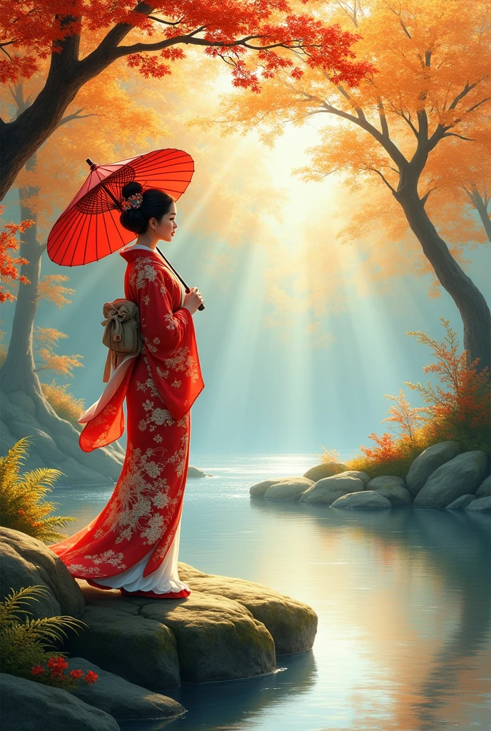 A woman in a vibrant red-white kimono stands gracefully on a pebbled riverbank, holding a traditional red parasol. Golden maple leaves frame the scene, their branches reaching over the tranquil water, reflecting the autumn hues. Sunbeams pierce through the foliage, casting a soft, dappled light on the mossy rocks and lush ferns in the foreground. The serene atmosphere evokes the peace and beauty of a traditional Japanese landscape.