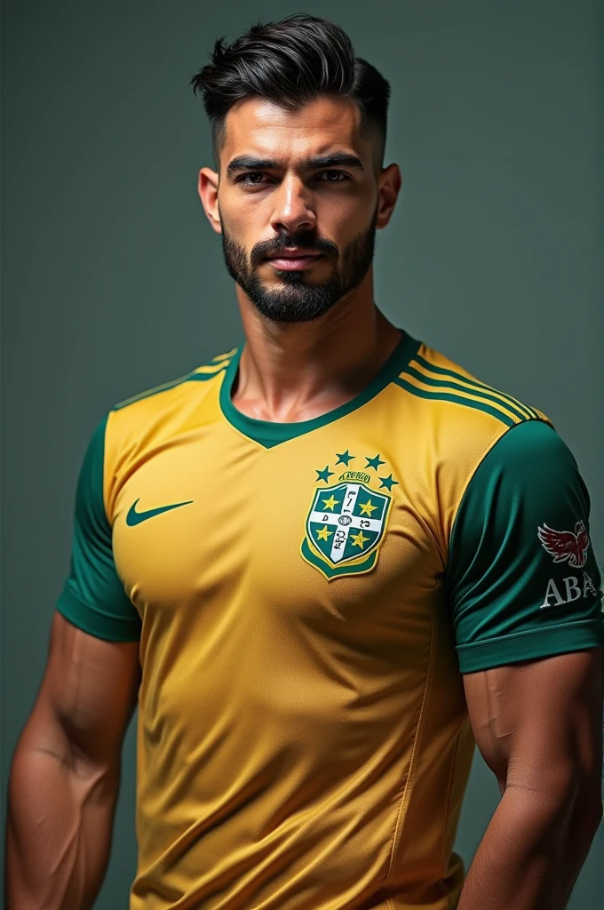 naughty man, Arabic traits, muscular body age 30, no hair on the body, mustache and very thin beard, beautiful and charming, wearing the uniform of Fortaleza Football Club