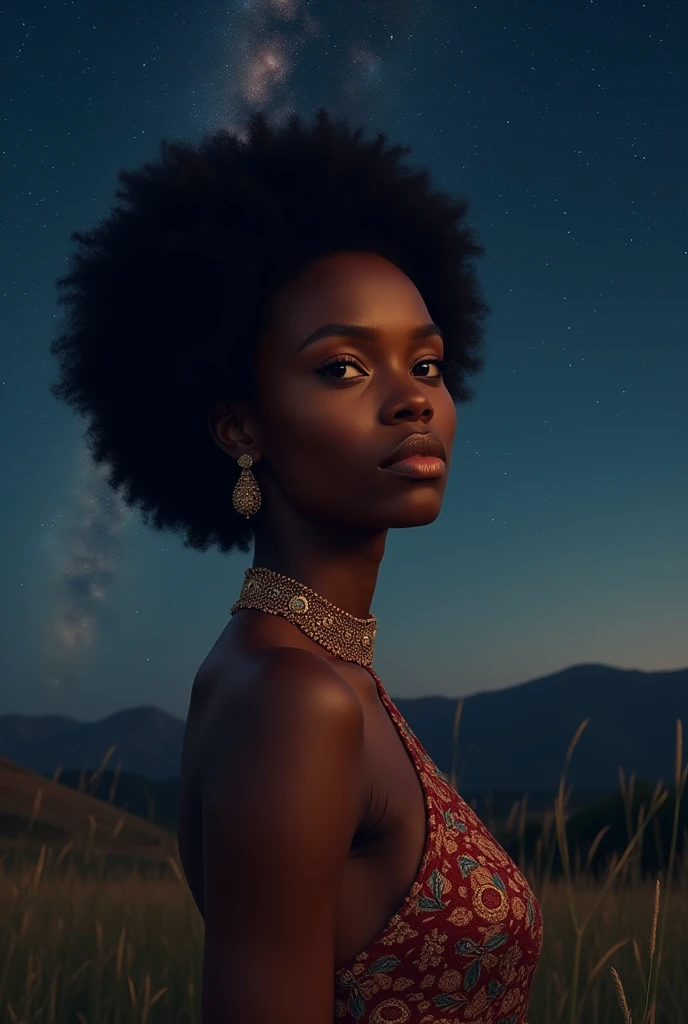 Make a beautiful African in Africa on a starry night.