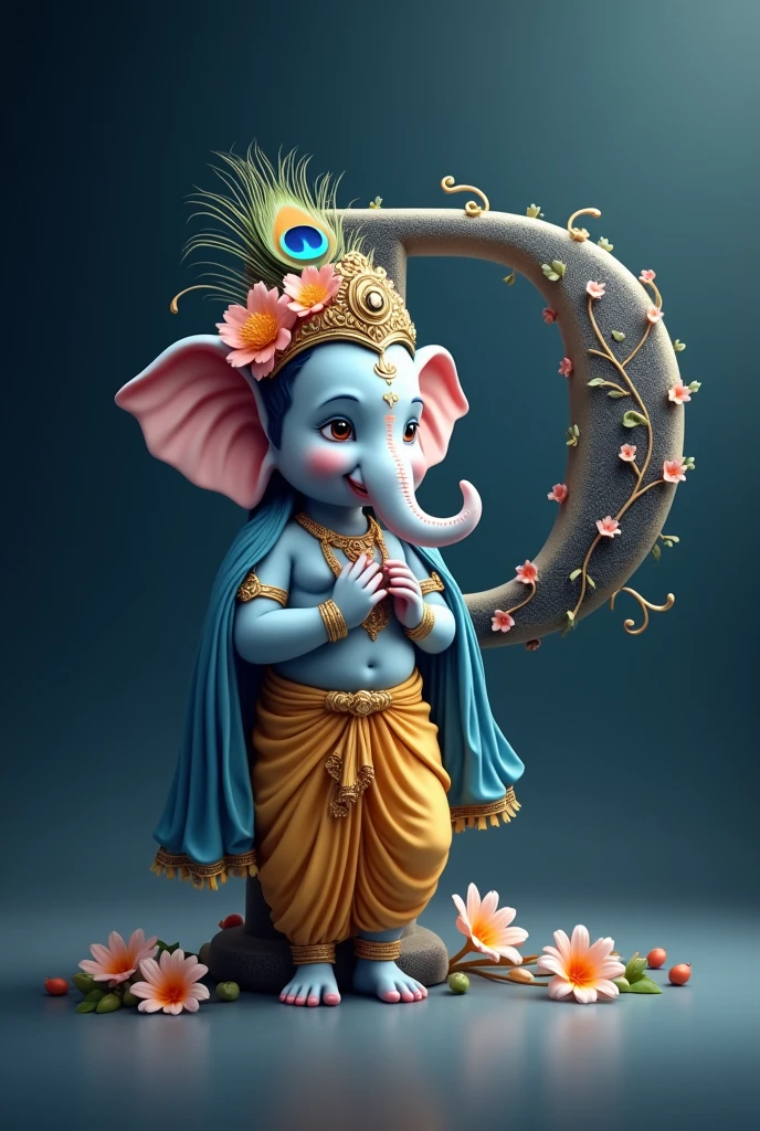 Create an image of a baby Ganesh with a delicate, soft blue complexion, dressed in a traditional yellow dhoti and a blue shawl adorned. He wears a garland of flowers on his head, including a peacock feather, and with a serene expression. Ganesh is standing next to a large, elegant black gradient letter ‘P’, which is embellished with flowers and vines in another side. background dynamic a dark gradient, highlighting the divine and tranquil atmos