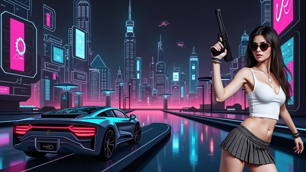 Futuristic cityscapes with colorful all-glass outlined towering skyscrapers with lightning, flying vehicle. High-resolution OLED GUI interfaces in the building, The windows are filled with transparent data visualization infographics that show it all, Egyptian fantasy arts, Egyptian statue, (Egyptian hieroglyphics). Colors are saturated and vibrant. At night, (1girl, solo, alone), photorealistic, large-breast slim:0.6 body, oval:0.5 face, cleavage:1.1, very low angle view of pleated miniskirt, deep-v, (upskirt), glove, (Matrix style black micro sunglasses), (aiming viewer with a short gun), dynamic running pose, (half-body thigh level close-up shot), cinematic lighting, ray tracing, motion blur background.