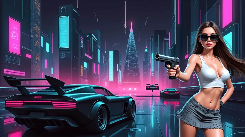 Futuristic cityscapes with colorful all-glass outlined towering skyscrapers with lightning, flying vehicle. High-resolution OLED GUI interfaces in the building, The windows are filled with transparent data visualization infographics that show it all, Egyptian fantasy arts, Egyptian statue, (Egyptian hieroglyphics). Colors are saturated and vibrant. At night, (1girl, solo, alone), photorealistic, large-breast slim:0.6 body, oval:0.5 face, cleavage:1.1, very low angle view of pleated miniskirt, deep-v, (upskirt), glove, (Matrix style black micro sunglasses), (aiming viewer with a short gun), dynamic running pose, (half-body thigh level close-up shot), cinematic lighting, ray tracing, motion blur background.