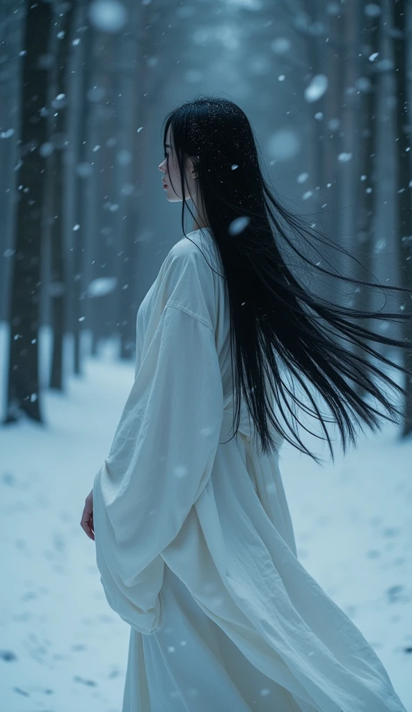 Create a high-definition video of a Yuki-onna, a Japanese snow spirit, turning around in the middle of a snowstorm. The Yuki-onna should have long, flowing black hair, pale white skin, and be dressed in a traditional white kimono. The scene should be set in a dark, snowy forest with large, gently falling snowflakes. The atmosphere should be eerie and mysterious, with the wind softly howling in the background. The Yuki-onna should turn her head slowly towards the camera, revealing her ethereal be