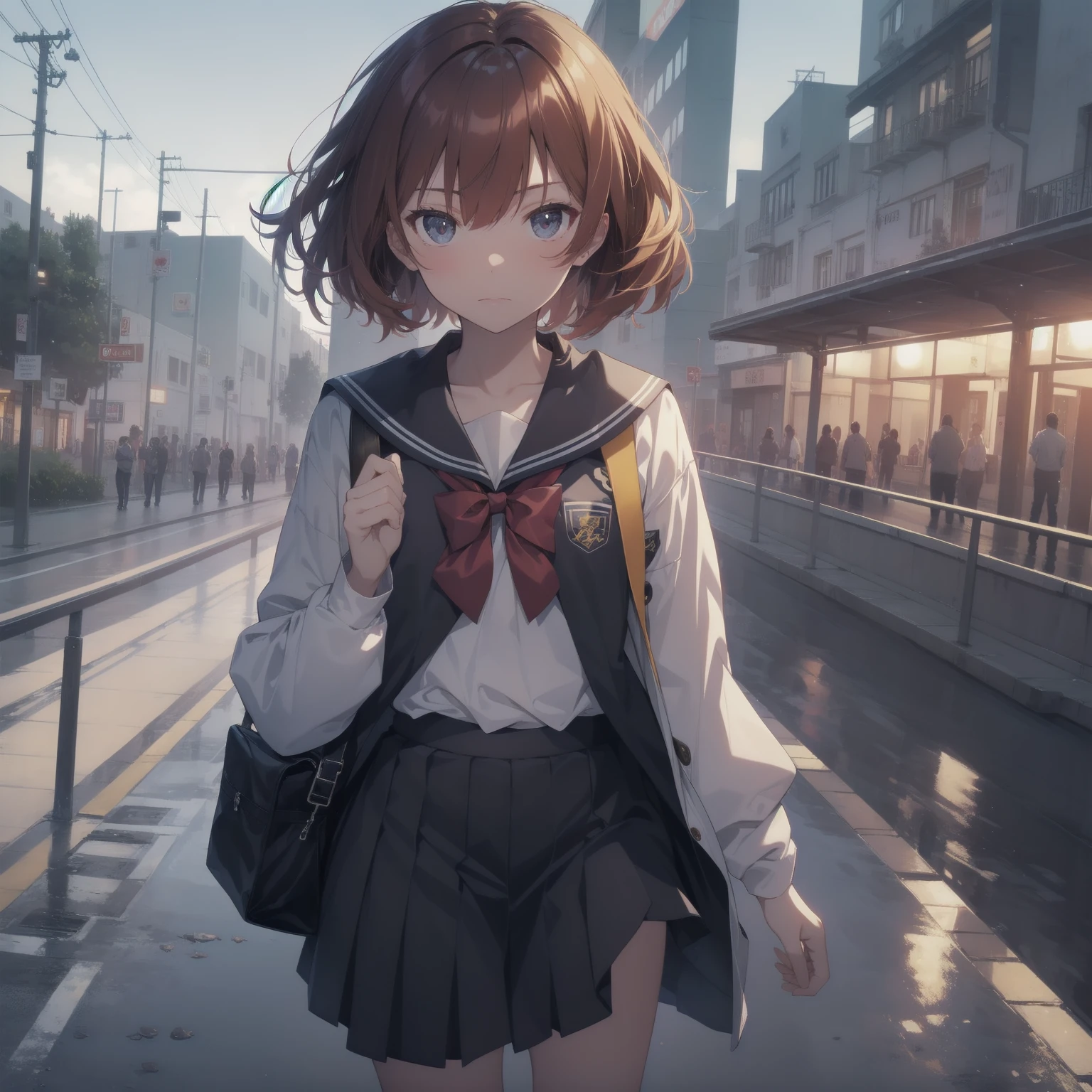 ultra-absurdres-Top quality by artist God, ultra-detailed, high resolution, anime moe artstyle, best anime 8k konachan wallpaper, pixiv contest winner, pool:2810, perfect anatomy,break, 1girl, (Please draw a girl walking sleepily to school alone. )break,(Solo,little female,15yo:1.3),Full limbs, ,a junior high school student, (very short hair), short cut, flat chest, , small butt, small black eyes, beautiful detailed eyes, well-proportioned iris and pupils, expressive eyes, highres detailed hair, soft expression, salor school_uniform, sailor collar, serahuku, bow, pleated skirt,(Detailed Lighting), (Detailed background), in the School commute route. break,super detailed skin, Best cinematic lighting powered by famous artist, 8k,beauty illustration,photoshop_(medium),very aesthetic,break,((artist:takeuchi_takashi )), artist:clamp ,artist:carnelian ,artist:kantoku ,
