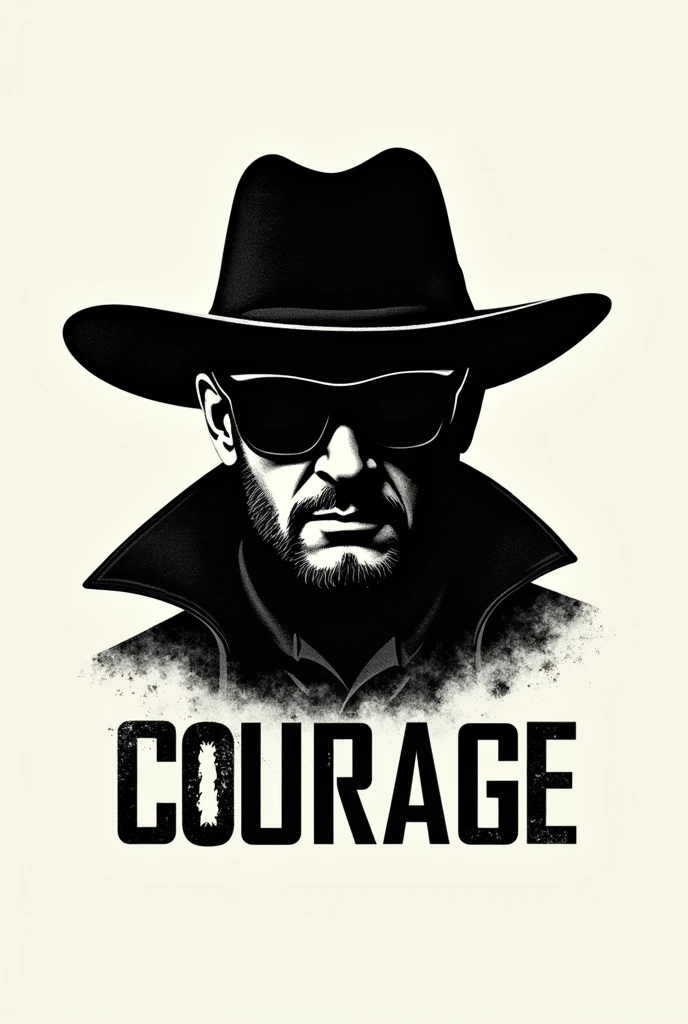 A logo of a silhouette of a face looking straight ahead wearing a black cap and sunglasses, with courage all in a picaresque style